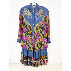 VTG Pretty Bleu (S-Button Shirt M-Maxi Skirt Set) Denim Floral Western Dance GUC
